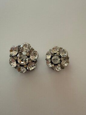 Vintage Mid-Century Rhinestone Scatter Pin Set Twin Floral Brooches Silver-Tone